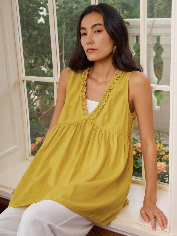 V-Neck Linen Casual Solid Color Ruffled Patchwork Drawstring Backless Sleeveless Going Out Tops Vacation