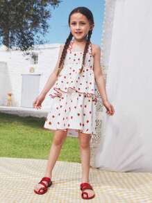 SHEIN Young Girls Strawberry Pattern Casual Vacation Cute Sleeveless Dress, Spring/Summer - Multicolor - View 3