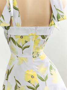 Elamini Floral Print Cinched Waist A-Line Mini Dress - Yellow - View 5