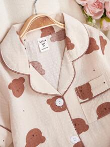 Girls Cute Rabbit Print Short Sleeve Cardigan & Long Pants 2pcs Casual Comfy Homewear Set - Apricot - View 4