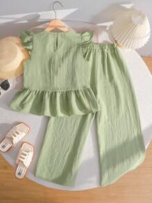 SHEIN 青少年女孩休闲度假纹理编织圆领荷叶边蝴蝶结衬衫和宽松阔腿裤薄荷绿两件套 - 薄荷綠 - 查看 9