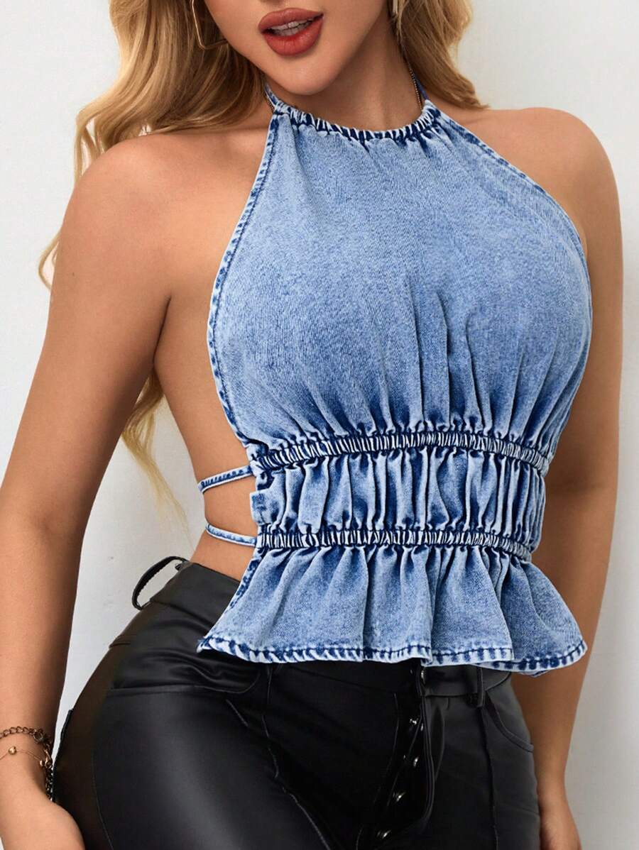 SHEIN SXY 性感女士牛仔露背上衣，适合派对和外出 - 藍色 - 查看 1