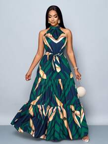 SOLERSUN 女士时尚全身印花露背飘逸长裙，配腰带，适合度假（随机花卉图案） - 墨綠色 - 查看 7