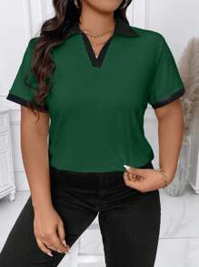 Calvaya Plus Size Casual Colorblock Trim Short Sleeve T-Shirt Graphic Tees Women Tops - Dark Green - View 4