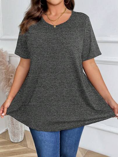 EMERY ROSE Plus Size Women Plain Round Neck Short Sleeve Casual Loose T-Shirt