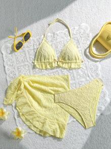 SHEIN Bộ bikini 3 dây mảnh viền bèo nhún màu trơn cho bé gái tuổi teen, đồ bơi thời trang cho kỳ nghỉ bãi biển/ Đồ bơi cho bé gái/ / Đồ bơi cho bé gái/ Trang phục màu vàng cho bé gái/ Trang phục nghỉ dưỡng bãi biển/ Trang phục nghỉ lễ - Màu vàng - Xem 6