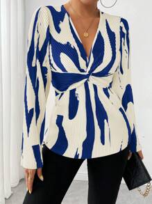 Chiquease Women's Twist Design Color Blocking Pleated Long Shirt (Printed Asymmetrical Hem) - Royal Blue - View 6