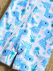 新生儿连体拉链泳衣，带有可爱的小恐龙图案 - 藍色 - 查看 9
