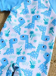 新生儿连体拉链泳衣，带有可爱的小恐龙图案 - 藍色 - 查看 8