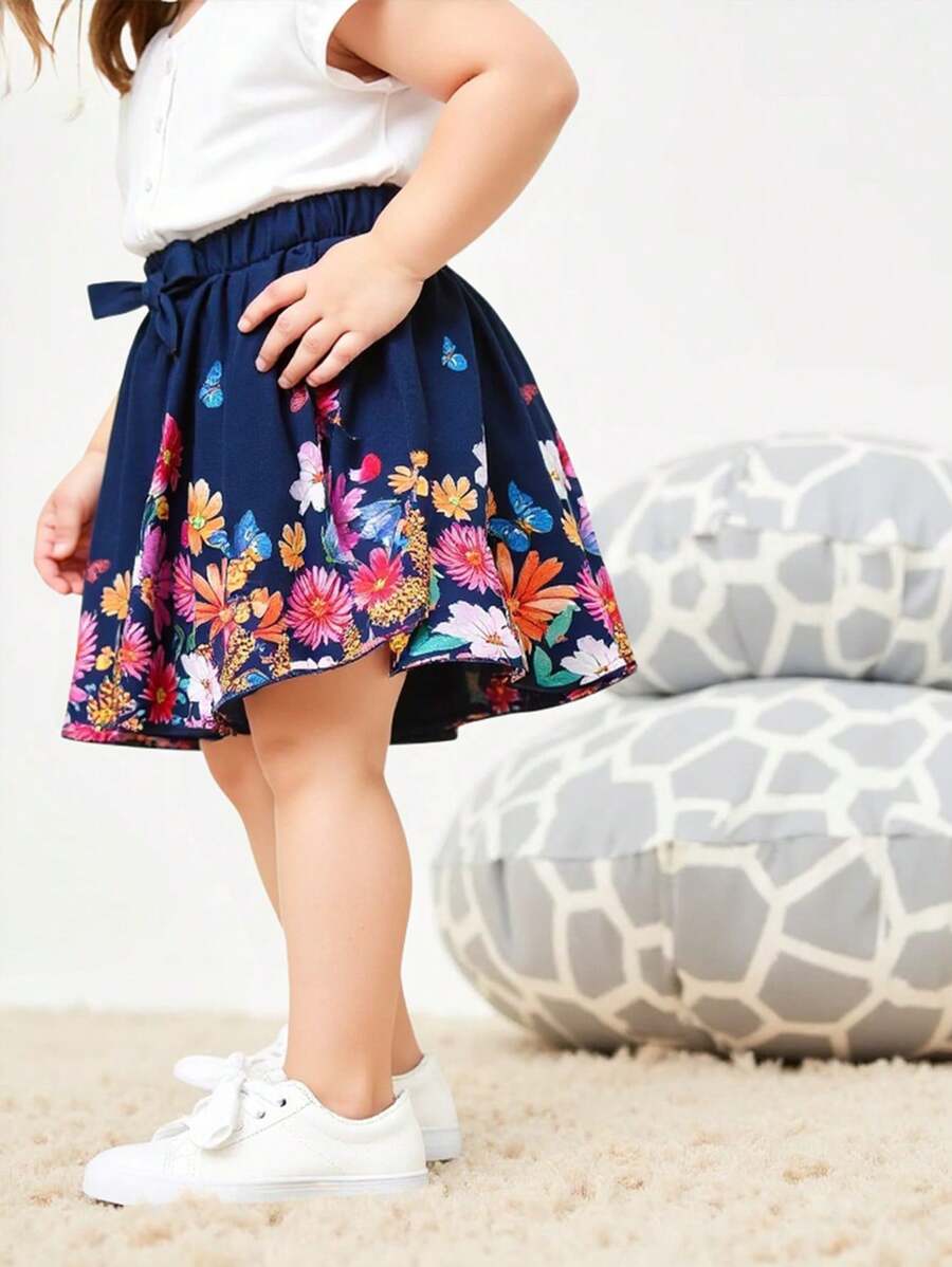 Baby Girl Floral Print Ruffle Hem Skirt With Bow Accent, Comfortable & Fashionable, Spring/Summer New Collection - Multicolor - View 1
