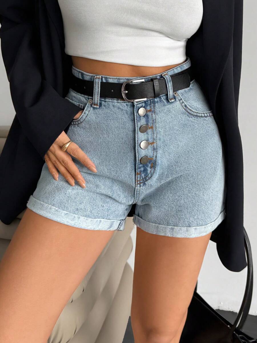SHEIN Women Button Front Pocket Casual Versatile Denim Shorts - Medium Wash - View 1