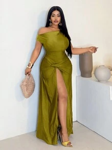 Maweii Plus Size Women Solid Color Asymmetrical Neck Short Sleeve Split Elegant Dress - Green - View 5