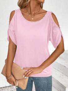 EMERY ROSE Women's Off Shoulder Solid Color Short Sleeve Round Neck Minimalist & Fashionable Summer T-Shirt - Pink - View 5