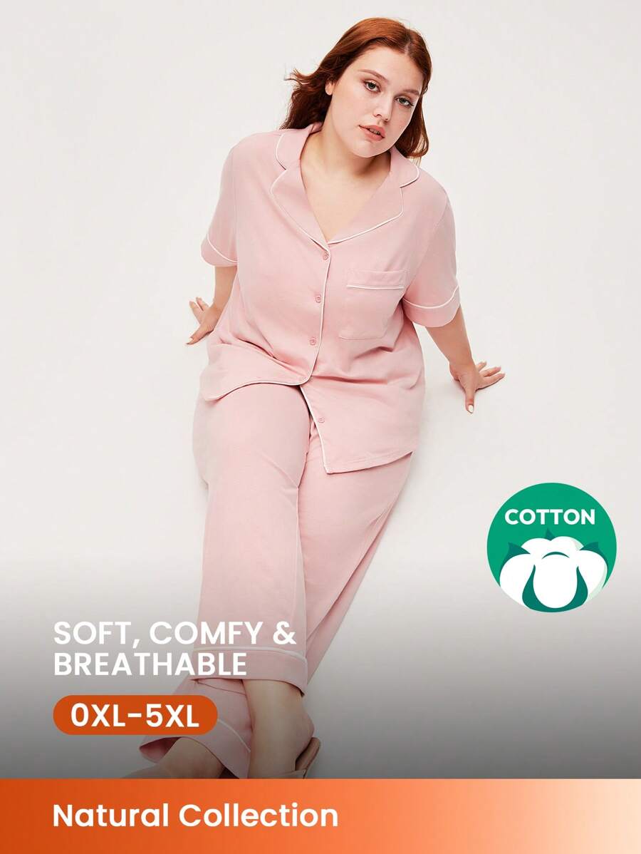 LUVLETTE Bộ đồ ngủ nữ cỡ lớn màu hồng mềm mại 100% cotton nguyên chất, tay ngắn, viền tương phản, kiểu dáng cơ bản, cài cúc và quần, có túi, thích hợp cho cô dâu, mùa xuân và hè. - Hồng - Xem 1