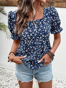 Breezaya Vacation Casual Ditsy Floral Square Neck Puff Sleeve Shirt - Black - View 6