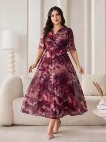 Modelyn Plus Size Women Floral Print Twist Front Short Sleeve Elegant Midi Dress - Red Violet - View 2