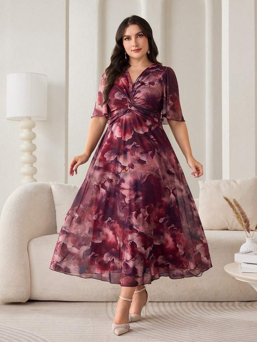 Modelyn Plus Size Women Floral Print Twist Front Short Sleeve Elegant Midi Dress