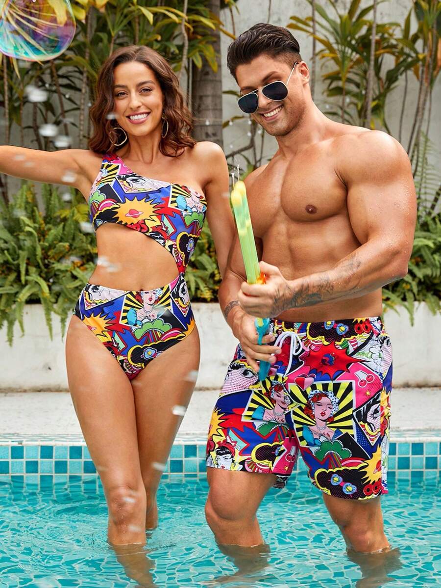 Manfinity VDAYZ 大码男式全身印花抽绳腰袋休闲短裤