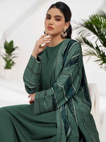 Al Najma 女士彩色条纹长袖阿拉伯风格长袍夹克，朴素的阿巴亚