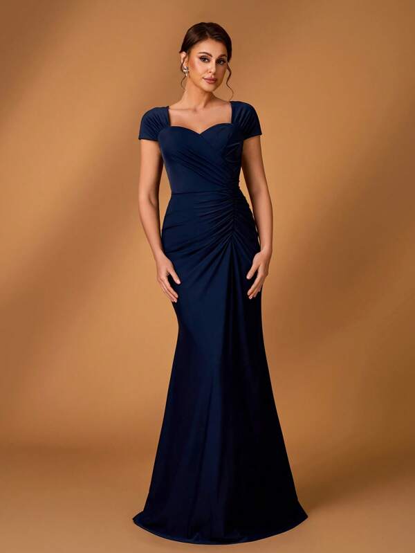 Serin Elegant Minimalist High-End Dark Blue Sweetheart Neck Ruched Puff Sleeve Fitted Mermaid Dress, Suitable For Evening Gala, Single Party, Music Festival, Gala, Vacation, Wedding, Bride & Bridesmaid