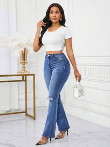 SHEIN Lady Damen Casual Skinny Distressed Flare Jeans, Blaue hohe Taille Jeans Damen Jeans hohe Taille Petite Jeans für Damen Plus Jeans für Damen Jeans Damen hohe Taille Sommerhose hohe Taille Jeans Flare Jeans Büro-Outfits für Damen Arbeitskleidung Damen Festival-Outfits für Damen Flare Jeans Business-Kleidung Damen Europäischer Sommer