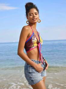 Travachic Women's Tropical Plant Print Tie Front Cropped Cami Tank Top, Vacation Style