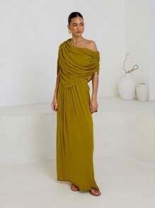 AiiRZ 垂坠单肩长礼服晚礼服及地女神礼服特殊场合婚礼宾客希腊风格褶皱优雅舞会礼服 - 芥末黃 - 查看 4