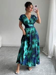 Elenzga Women's Random Print Elegant Ruched Fitted Midi Dress, Fashionable Holiday Style - Blue - View 5