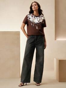 Anewsta Women's Round Neck Short Sleeve Regular Length Elegant Sequin T-Shirt, Spring Summer For Women