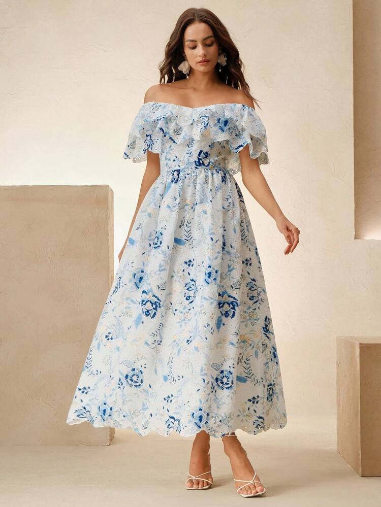 Women's Elegant Beach Vacation Off Shoulder Ruffle Trim Hollow Floral Embroidered Midi Dress, Festival Going Out Outfits, Spring/ Summer