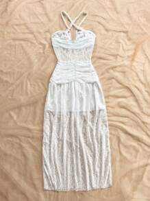 Soleia 女士白色蕾丝钩编交叉后背连衣裙，度假装