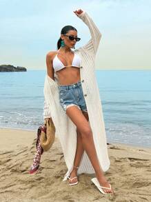 SHEIN Cubrecuerpo/chaqueta larga de mujer de unicolor con botones frontales y abertura calada