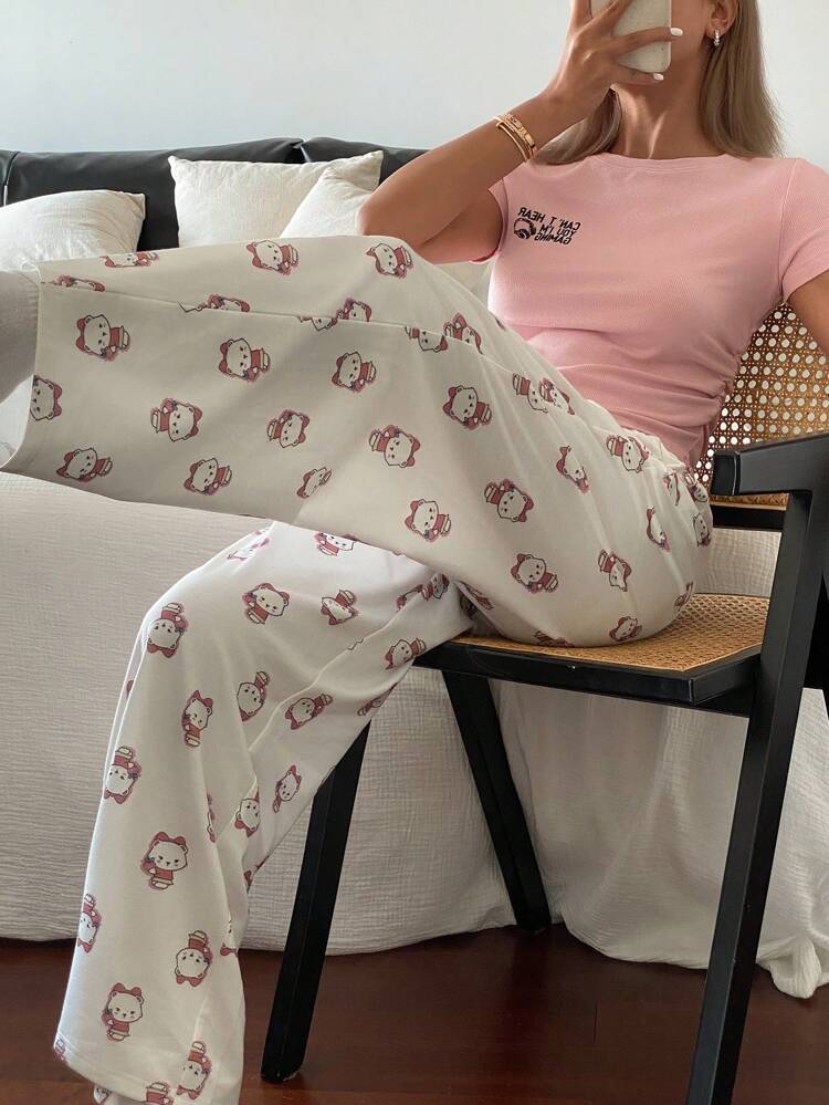 Form-Fitting Short Letter Print Decor Top Paired With Loose Cartoon Pattern Allover Print Long Pants Pajama Set