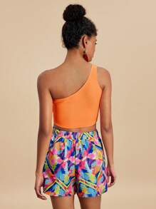 Travachic Set de 2 piezas Conjunto de top de tirantes finos de unicolor y shorts con estampado total para mujer, conjuntos de vacaciones para mujeres, conjunto de dos piezas para mujer