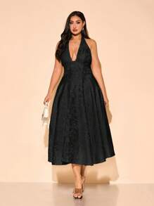 SHEIN BAE Vestido elegante de mujer talla grande con cuello en V profundo y estampado floral jacquard, para fiesta de cumpleaños, boda, dama de honor, cóctel, vestido de noche