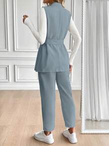 SHEIN Clasi 女士长款腰带搭配领带简约西装套装 - 藍色 - 查看 2