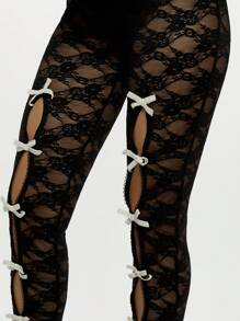 SUMWON WOMEN Hochtaillierte Burlesque-Spitzen-Leggings mit eleganten Schleifen-Details, Tanzaufführungskostüm Party Festival Gothic Alternative Mode Leggings, Abend Party Statement Hose - Schwarz - Übersicht 6