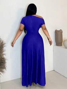 Maweii Plus Size Women's Solid Color Asymmetric Neckline Thigh High Slit Twist Front Dress - Royal Blue - View 2