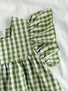 SHEIN Vintaside Kids 女婴绿色格子盖袖休闲夏装，田园风格，清新图案，轻盈设计，适合户外、休闲和休闲派对 - 綠色 - 查看 6