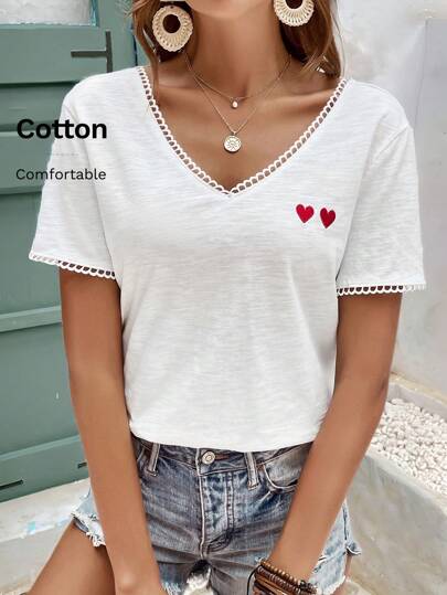 SHEIN Frenchy Heart Embroidery Contrast Lace Trim V Neck Tee Thanks Giving White Summer