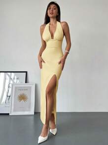 Aloruh Plunging V-Neck Side Slit Tight Fitting White Dress For Women,Party Dress,Butter Yellow Dress - Yellow - View 3