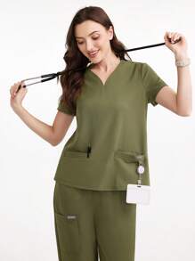 Scrubzie Women's Solid V-Neck Short Sleeve Pocket Scrub Uniform Top - Army Green - View 1