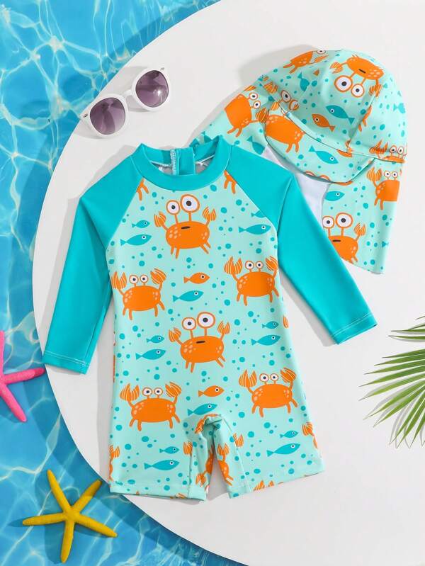Traje de baño sin mangas con estampado de cangrejo aleatorio y gorra para bebé niño de verano