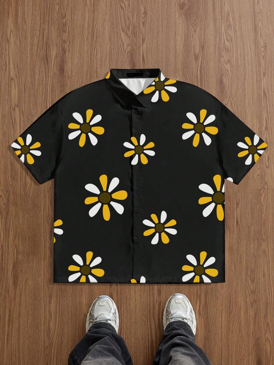 EASEVO Plus Size Men's Casual Loose Floral Print Woven Short Sleeve Shirt, Suitable For Summer - Black - View 1
