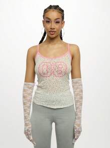 SUMWON WOMEN Delicate Lace Cami Tank Top Y2K Inspired Contrast Binding Retro Graphic Print Opera Length Gloves Festival Concert Party Wear Summer Spring - White - View 1