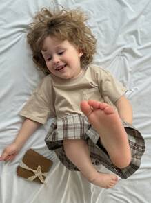 Hapijoa 2 件套幼儿男孩圆领纯色针织短袖 T 恤 + 编织格子裤休闲家居服，春夏 - 杏色 - 查看 6