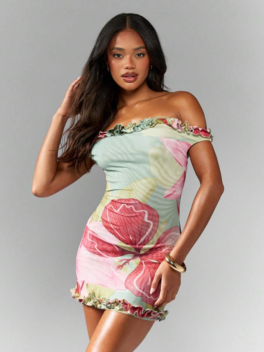 MISSGUIDED Off Shoulder Floral Mini Dress With Ruffle Trim Summer Beach Party Hawaiian Tropical Print Bodycon Short Dress Fresh Spring Vacation Style Summer Dresses For Women - Multicolor - View 1