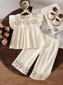 SHEIN Vintaside Kids 2 件套女童夏季服装，可爱印花短袖上衣和可爱印花长裤，欧美风格 - 卡其色 - 查看 9