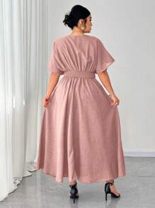 Elenzga Plus Size V-Neck Solid Color Short Sleeve Casual Dress, Simple & Fashionable For Everyday Wear,Valentine