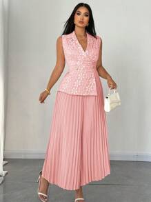 SHEIN Clasi Taglia grande Tuta elegante da donna in jacquard plissettato con colletto - Rosa Baby - Visualizzare 3